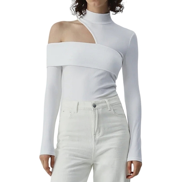 SOLD- NWT Commense White Assymetrical Cutout Mock Neck Long Sleeve Ribbed Top - Picture 1 of 8